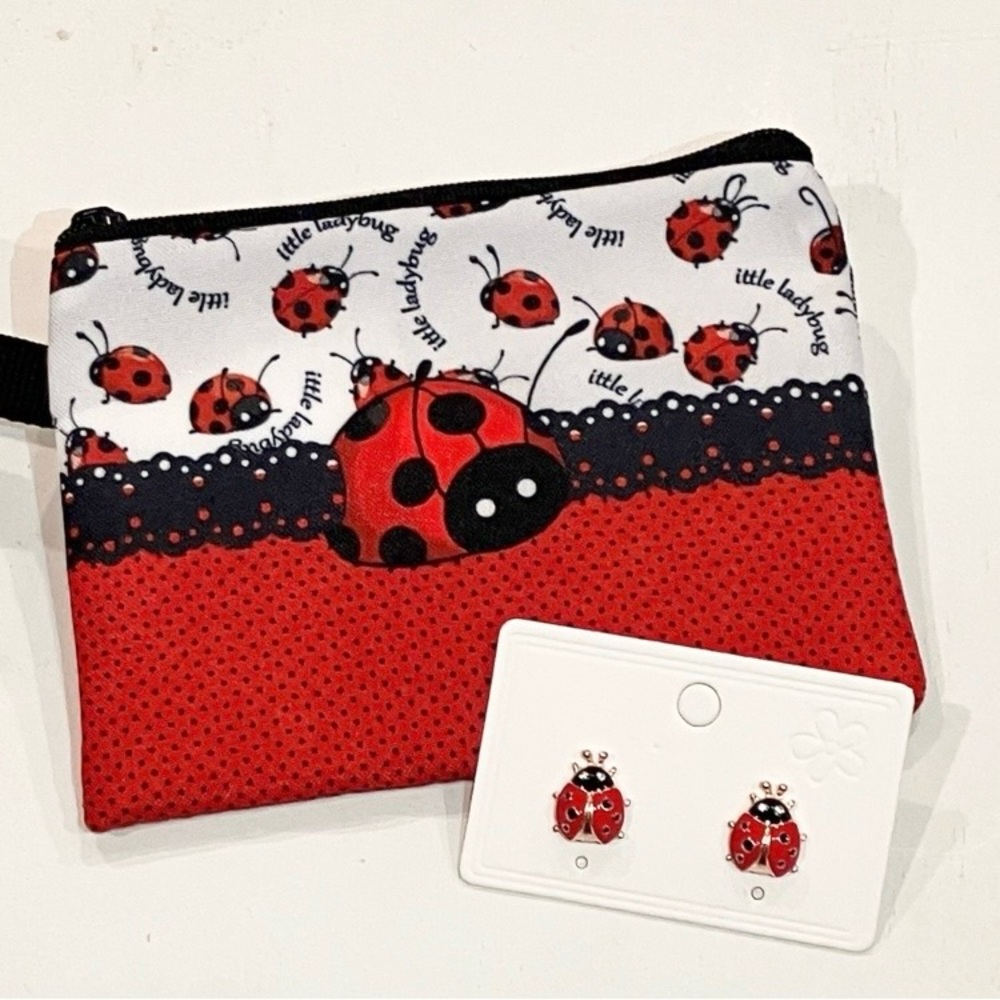 Ladybug Print Pouch & Earrings Set